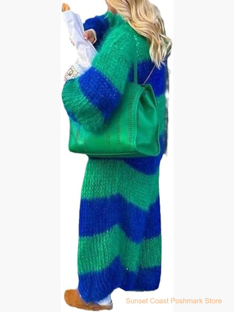 Color Block Long Cardigan Open Front Oversized Striped Knit Slouchy Duster